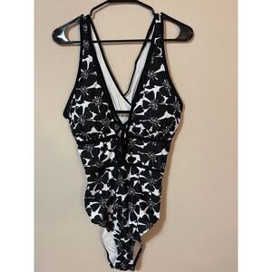 Flatter Me Black White Floral One Piece Swimsuit Lace Up Plunge V Neck XL nwt‎